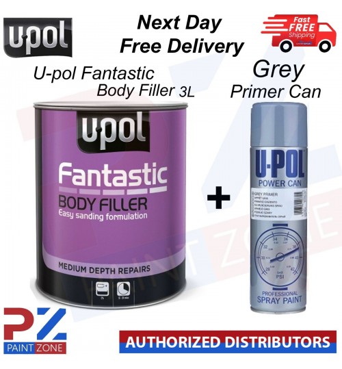 UPOL FANTASTIC POLYESTER CAR BODY FILLER 3 LITRE -WITH GREY PRIMER AERESOL 500ML