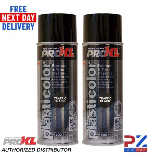 2x PRO XL PRO PLASTICOLOR BUMPER TRIM PAINT AEROSOL 400ML- PC5TB TRAFFIC BLACK