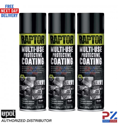3X UPOL RAPTOR 1K MULTI-USE RMUB/AL PROTECTIVE COATING AEROSOL 450ML - BLACK