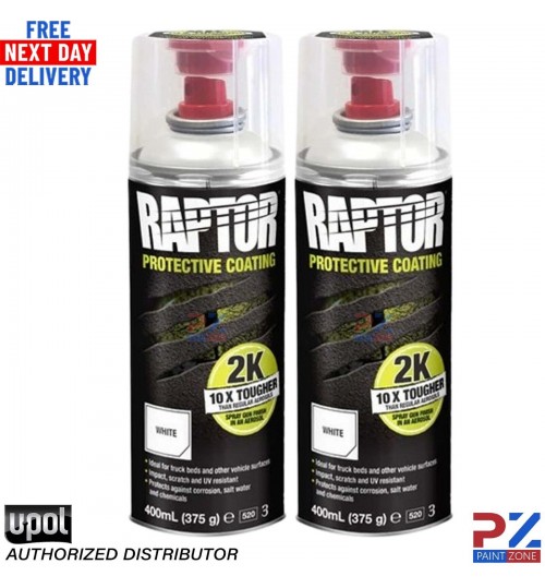 2X UPOL RAPTOR 2K TOUGH BED LINER U-POL PROTECTOR 400ML AEROSOL - WHITE