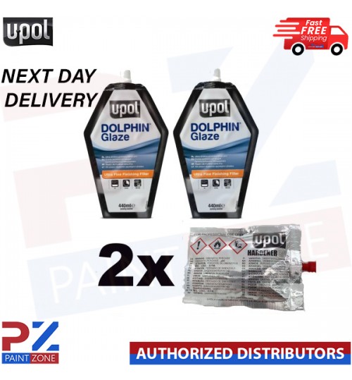 2 x U-POL Dolphin Glaze 440ml Self Levelling Glazing Putty UPOL + Hardener Tubes