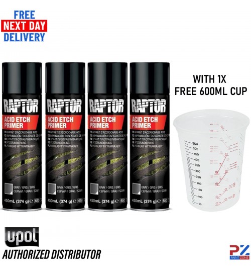 4x UPOL RAPTOR Grey Acid Etch Primer Aerosol 450ml Metal Primer + 600ml Cup Free