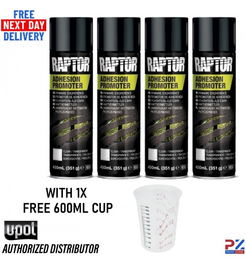 4x UPOL RAPTOR Clear Adhesion Promoter 1K 450ml Aerosol + 1x 600ml Cup Plastic