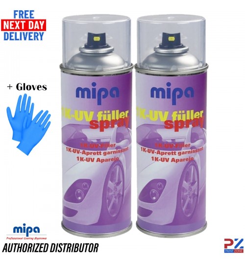 2x MIPA 1K UV Filler Primer Spray Aerosol Fast Curing Grey Automotive +Gloves
