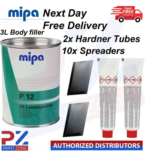 MIPA P12 CAR BODY FILLER LIGHT PUTTY 3 LITRE+10x Spreaders+2x HARDENER TUBES